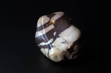 Zebra jasper, kahverengi ve beyaz chalcedony yuvarlanan taş makro siyah zemin üzerinde izole