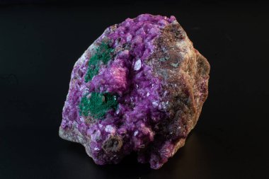 Siyah bir yüzeye izole edilmiş koyu yeşil malakit kristal makrosu olan canlı pembe kobalto kalsit.