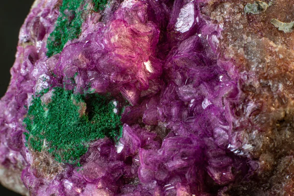 深绿色孔雀石晶体宏观孤立在黑色表面的活泼粉色方解石 — 图库照片
