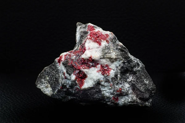 Real Raw Red Cinnabar Mineral Stone Chunk Macro Isolated Black — Stock Photo, Image