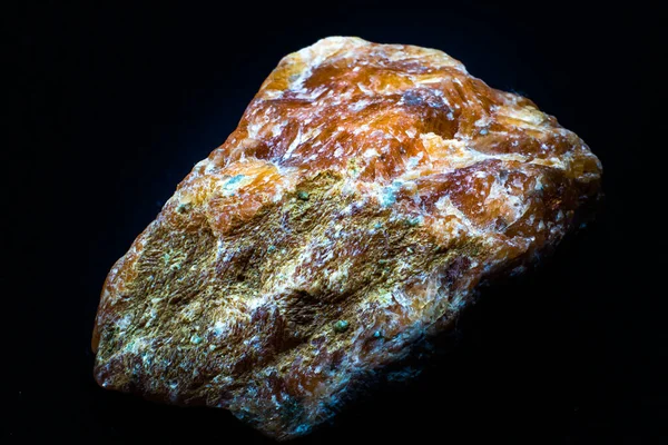 Raw Orange Calcite Stone Crystal Macro Isolated Black Surface Background — Stock Photo, Image