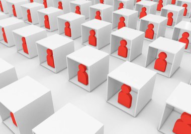 Çeşitli işbirlikçilerin ya da öğrencilerin insan simgeleri olarak kutuların içinde takım olmalarının 3 boyutlu çizimi