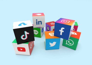Sao Paulo, Brezilya - 4 Ekim 2022: 3D Illustration Dünyaca ünlü sosyal ağların basılı logoları ve Facebook, Instagram, YouTube, WeChat