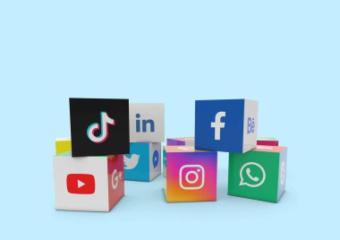 Sao Paulo, Brezilya - 4 Ekim 2022: 3D Illustration Dünyaca ünlü sosyal ağların basılı logoları ve Facebook, Instagram, YouTube, WeChat
