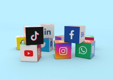 Sao Paulo, Brezilya - 4 Ekim 2022: 3D Illustration Dünyaca ünlü sosyal ağların basılı logoları ve Facebook, Instagram, YouTube, WeChat