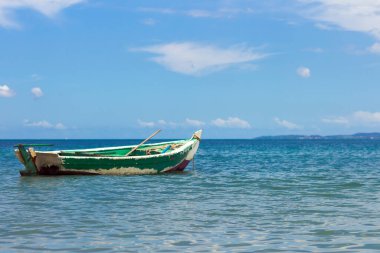 Mavi ve yeşil sulardan oluşan güzel bir sahilde tekne.