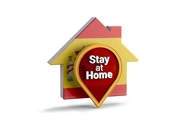 Stay Home というフレーズのあるスペインの旗のある家の3Dイラスト コロナウイルスやCovid 19流行から守る — ストック写真