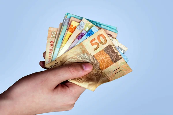 Hand Hand Mit Dem Offiziellen Brasilianischen Geld Brasilianische Real Scheine — Stockfoto