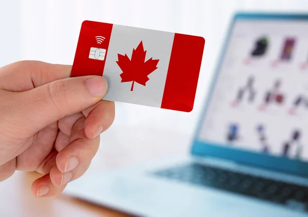 Hände Mit Plastikkreditkarte Und Laptop Online Shopping Konzept Kanada — Stockfoto