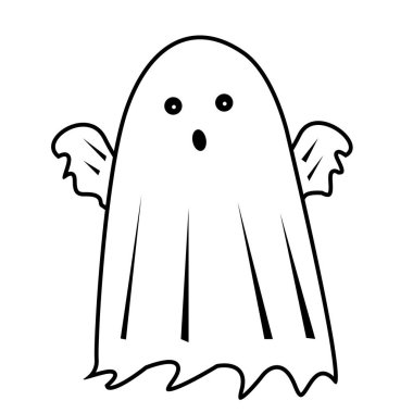 Beyaz bir arka planda elleri havada küçük bir hayalet.