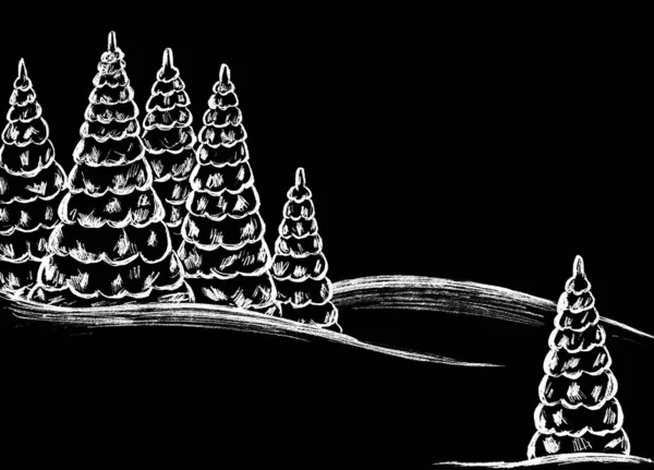 Пейзаж Білими Засніженими Ялинками Чорному Тлі — стокове фото