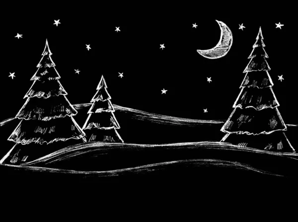 Winternacht Landschap Met Kerstbomen Witte Tekening Een Zwarte Achtergrond — Stockfoto