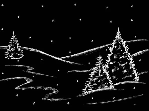 Paisagem Inverno Com Árvores Natal Pintado Branco Sobre Fundo Preto — Fotografia de Stock