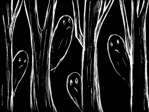 Μαύρο Φόντο Λευκά Φαντάσματα Κρυφοκοιτάζουν Πίσω Από Κορμούς Δέντρων — Φωτογραφία Αρχείου