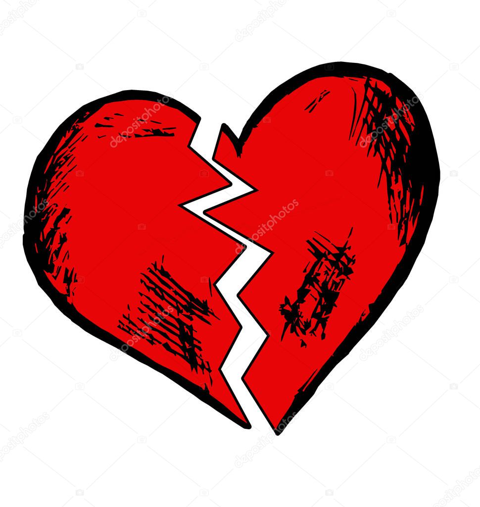 red heart broken in half on white background