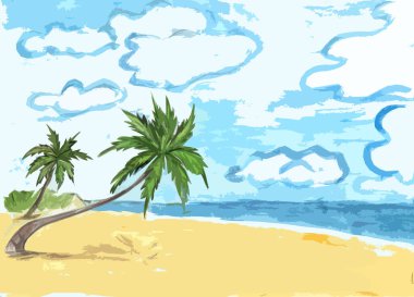  Palmiye ağaçları, sarı plaj ve mavi gökyüzünde bulutlarla kaplı bir manzara.