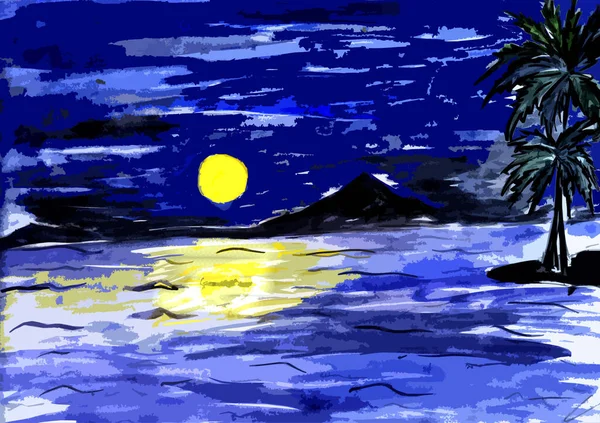 Nachtlandschap Met Maan Zee Palmbomen — Stockfoto