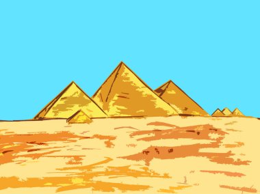 Piramitleri ve mavi gökyüzü olan sarı çöl