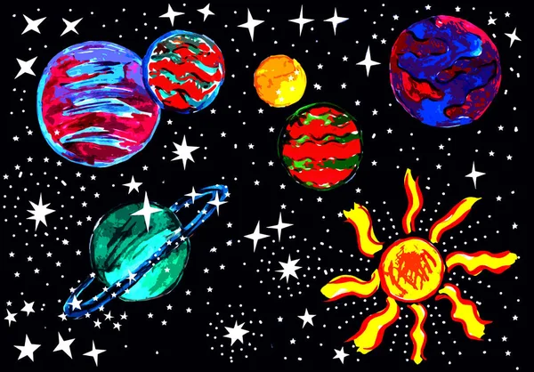 Space with colorful planets, stars and the sun