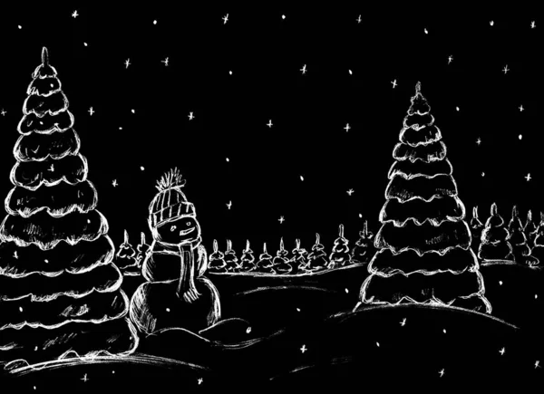 Weihnachtsbäume Und Ein Schneemann Weiß Auf Schwarzem Hintergrund — Stockfoto