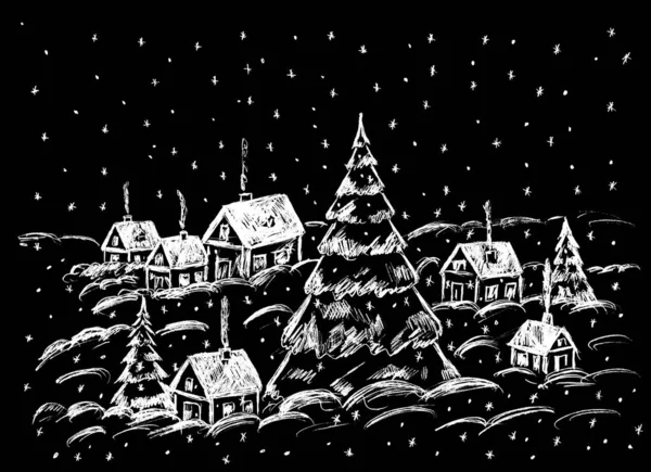 Winterlandschaft Mit Weihnachtsbäumen Häusern Und Schnee — Stockfoto