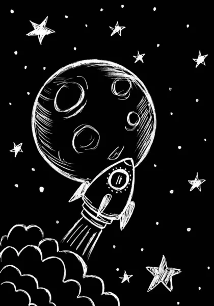 在太空中飞行的火箭是白色的 背景是黑色的 — 图库照片