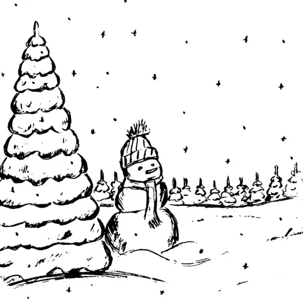 一个戴着帽子和围巾的雪人站在圣诞树旁 — 图库照片