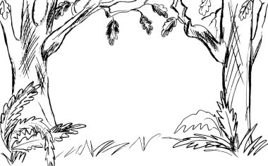 Beyaz zemin üzerinde siyah büyük ağaçların ana hatları