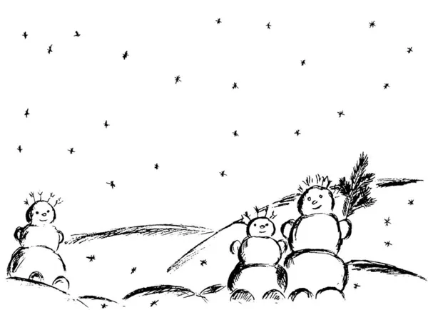 Trzy Słodkie Bałwany Stoją Pod Spadającym Śniegiem — Zdjęcie stockowe