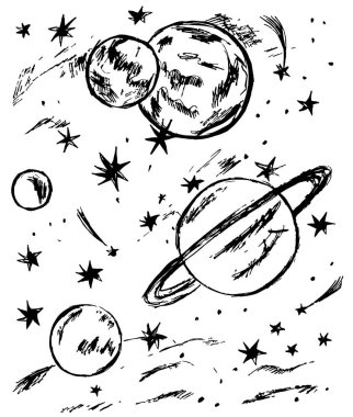  Gezegenlerle, yıldızlarla, meteorlarla dolu uzay manzarası