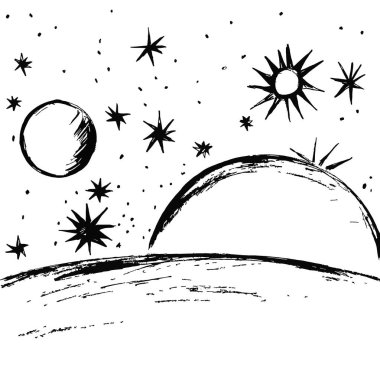 Gezegenlerle, yıldızlarla, meteorlarla, kuyruklu yıldızlarla dolu kozmik bir manzara.