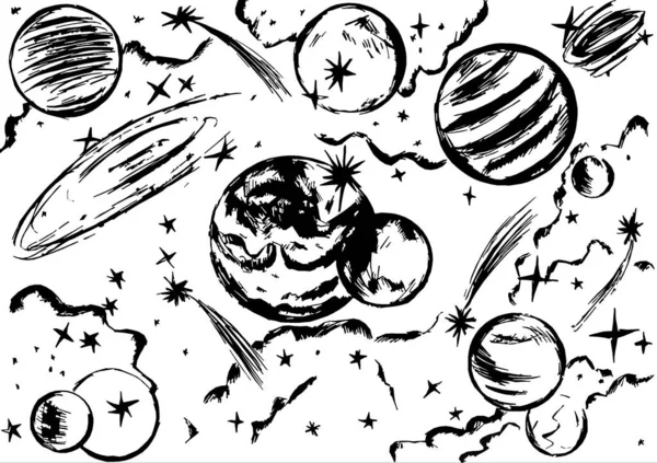 Gezegenlerle, yıldızlarla, meteorlarla, kuyruklu yıldızlarla dolu kozmik bir manzara.