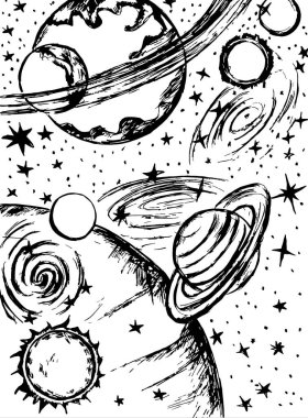 Bulutlu gökyüzü, güneş, gezegenler ve yıldızlar