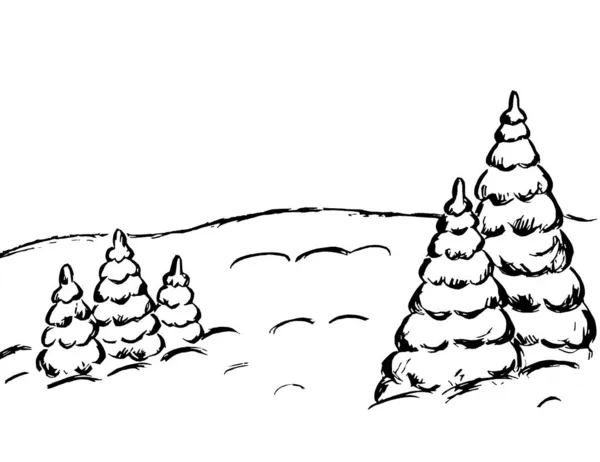 Esboço Preto Árvores Natal Cobertas Neve Fundo Branco — Fotografia de Stock