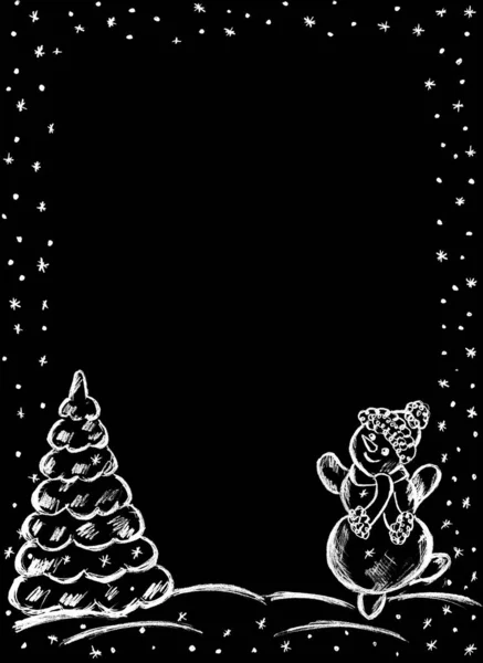 Winterframe Gemaakt Van Sneeuwvlokken Met Een Sneeuwpop Een Kerstboom — Stockfoto