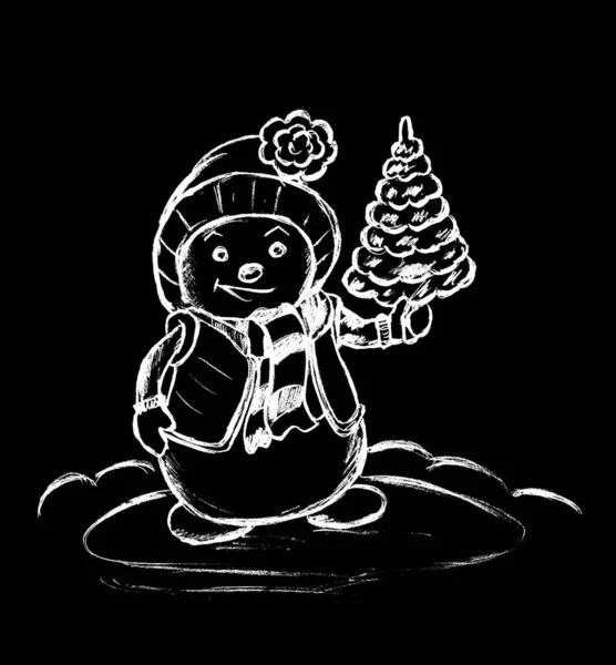 Ένας Χιονάνθρωπος Καπέλο Και Μαντήλι Ένα Χριστουγεννιάτικο Δέντρο Στο Χέρι — Φωτογραφία Αρχείου