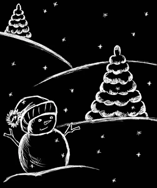 Paisaje Invierno Con Árboles Navidad Copos Nieve Muñeco Nieve —  Fotos de Stock