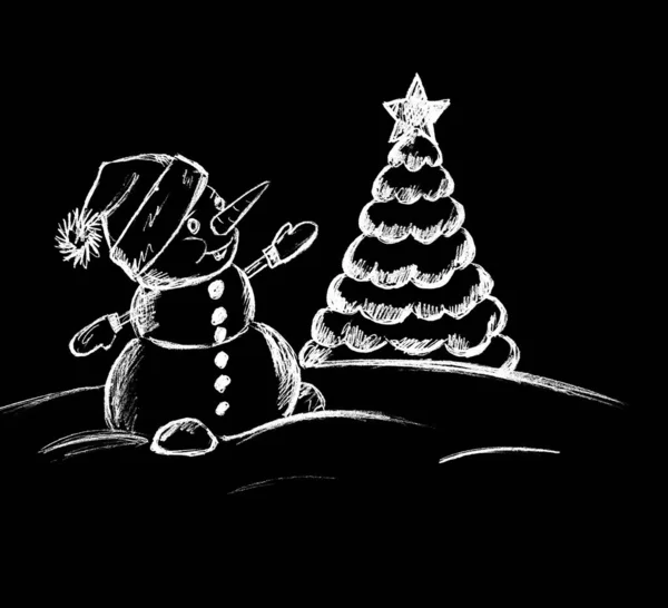 Een Sneeuwpop Met Hoed Wanten Bij Kerstboom Met Een Ster — Stockfoto