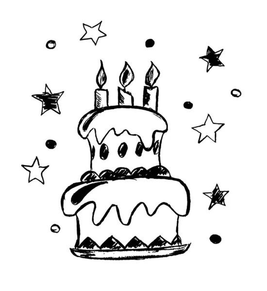 Black White Cake Three Lighted Candles — Stock Photo, Image