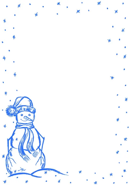 Рождественская Рамка Снеговиком Снежинками — стоковое фото