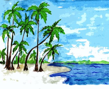 Plajda palmiye ağaçları olan tropik bir manzara.