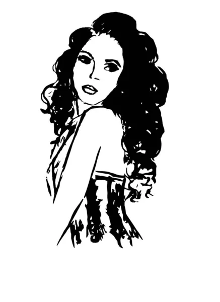 Desenho Retratando Uma Menina Com Cabelos Longos Encaracolados — Fotografia de Stock