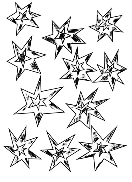 Různé Paprskové Hvězdy Nakreslené Černým Obrysem Bílém Pozadí — Stock fotografie