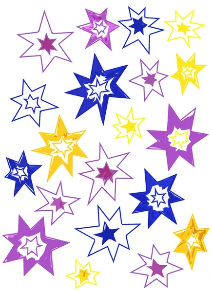 Žluté Modré Fialové Hvězdy Bílém Pozadí — Stock fotografie