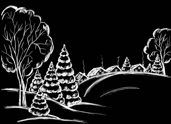 Δρόμος Χωριό Σπίτια Δέντρα Και Χριστουγεννιάτικα Δέντρα Χειμώνα — Φωτογραφία Αρχείου