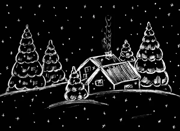 Village Street Houses Trees Christmas Trees Winter — Stockfoto