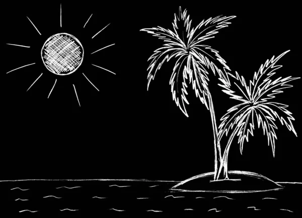 岛上有两棵棕榈树 天上有太阳 — 图库照片