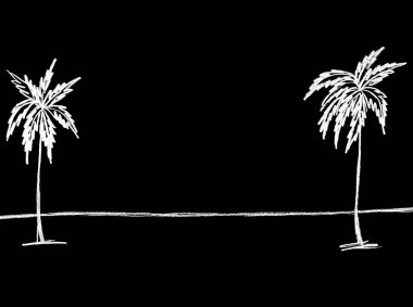 Siyah arka planda beyaz palmiye ağaçları olan manzara