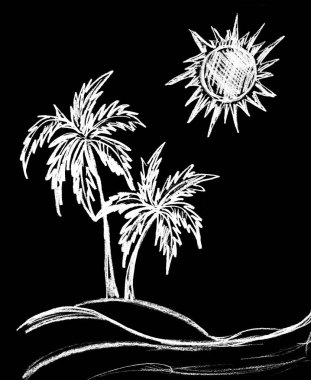 Siyah arka planda beyaz palmiye ağaçları olan manzara