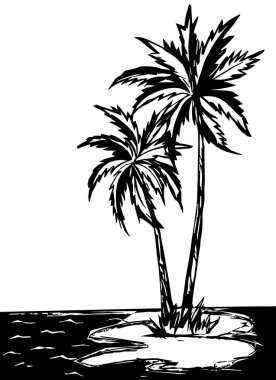  palm trees on the beach - black outline on a white background